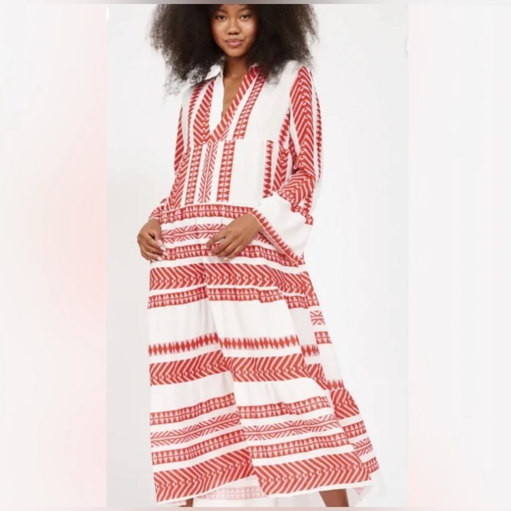 Red and White V-Neck Maxi Sundress